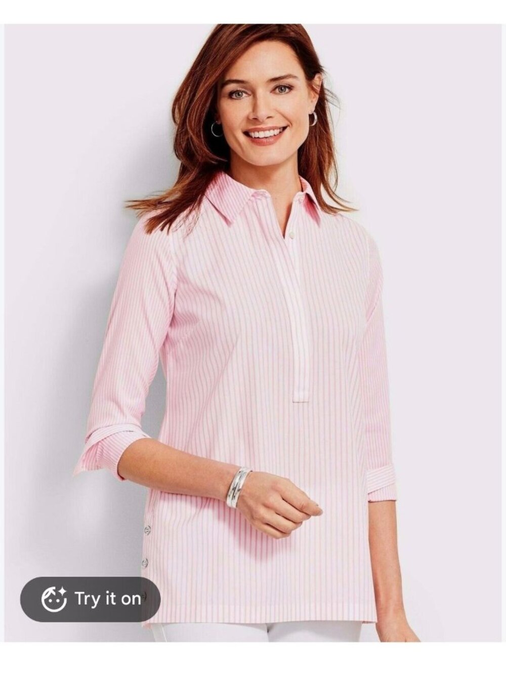 Talbots 18WP Pink White Striped Non-Iron Perfect Tunic Top MSRP $90